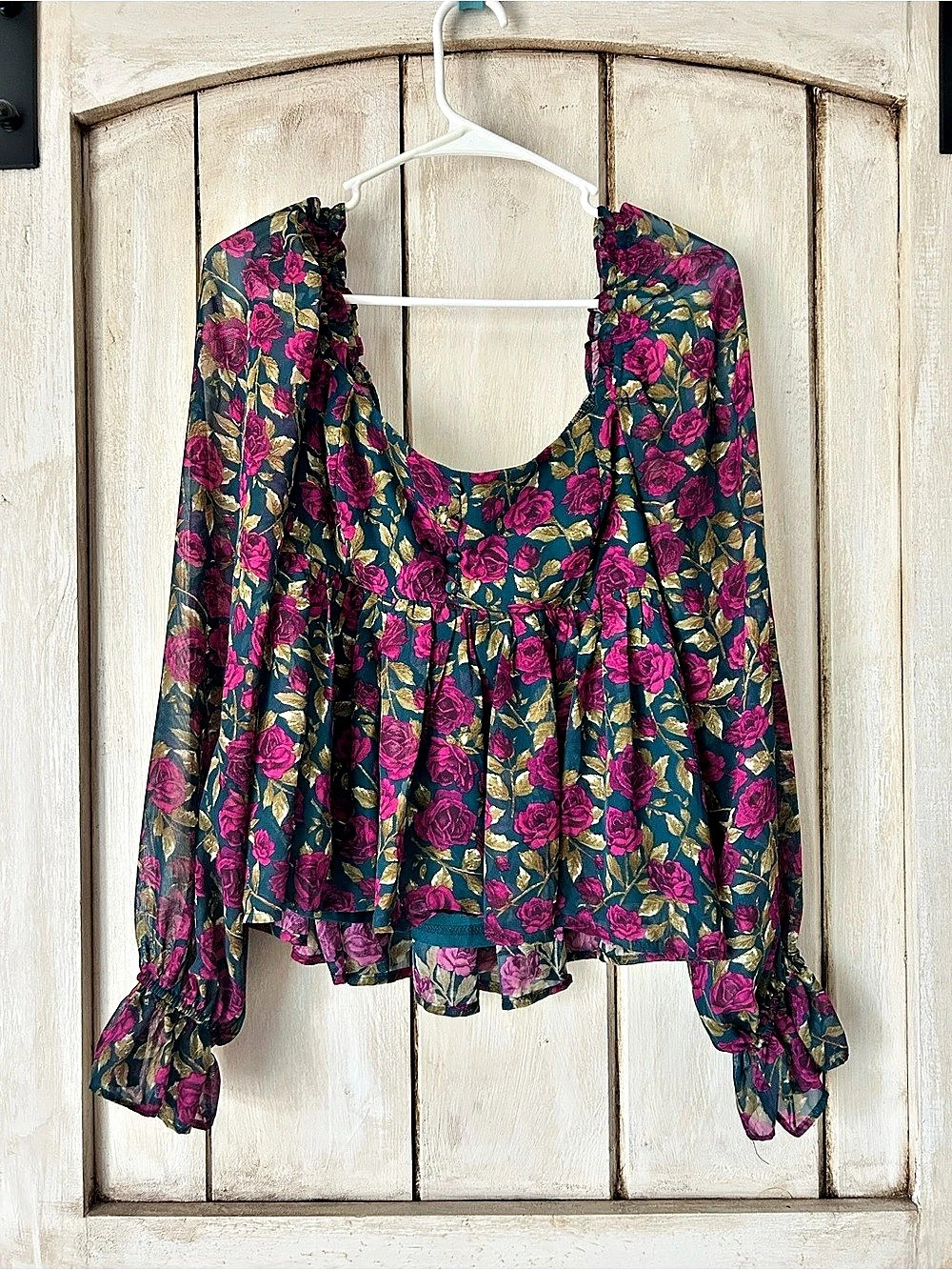 blu pepper Floral Long Sleeve Blouse Blue Pink Size Large Like New